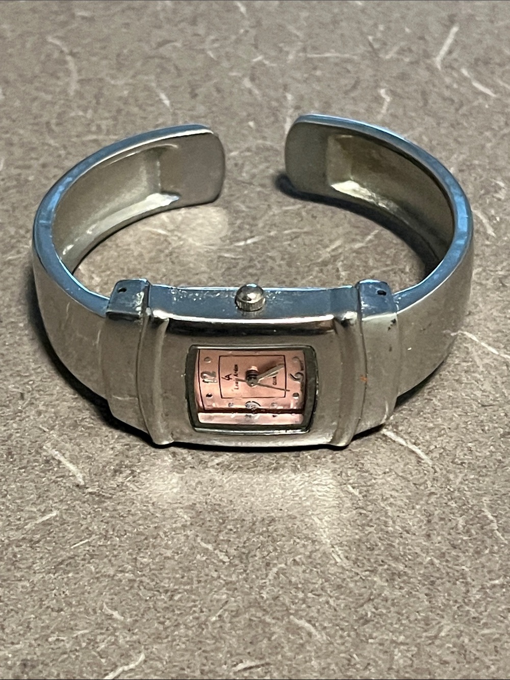 Louis Arden Ladies Silver Cuff Bracelet Watch with Pink Dial-needs battery